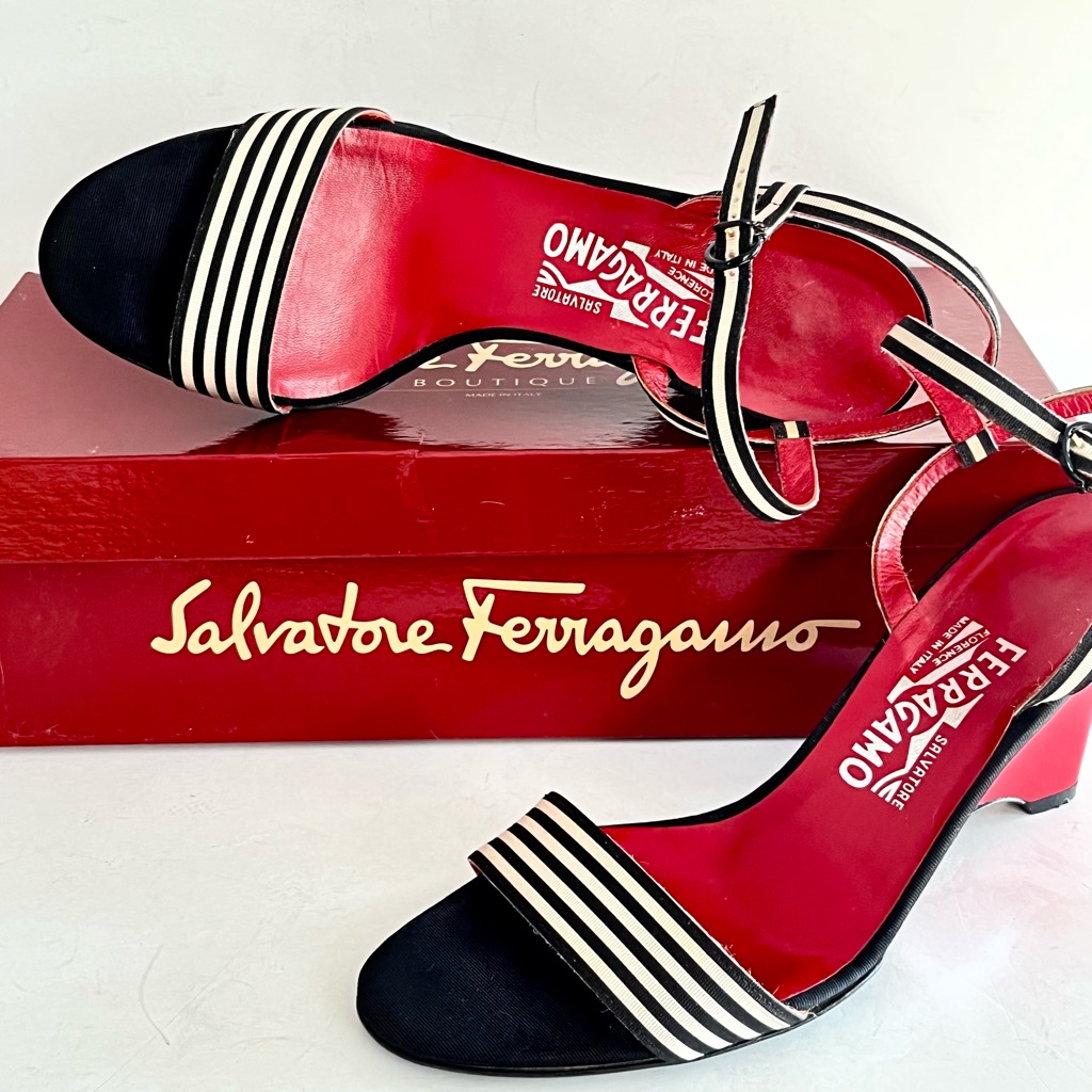 Ferragamo Black White Red Grosgrain Wedge Sandals 7.5